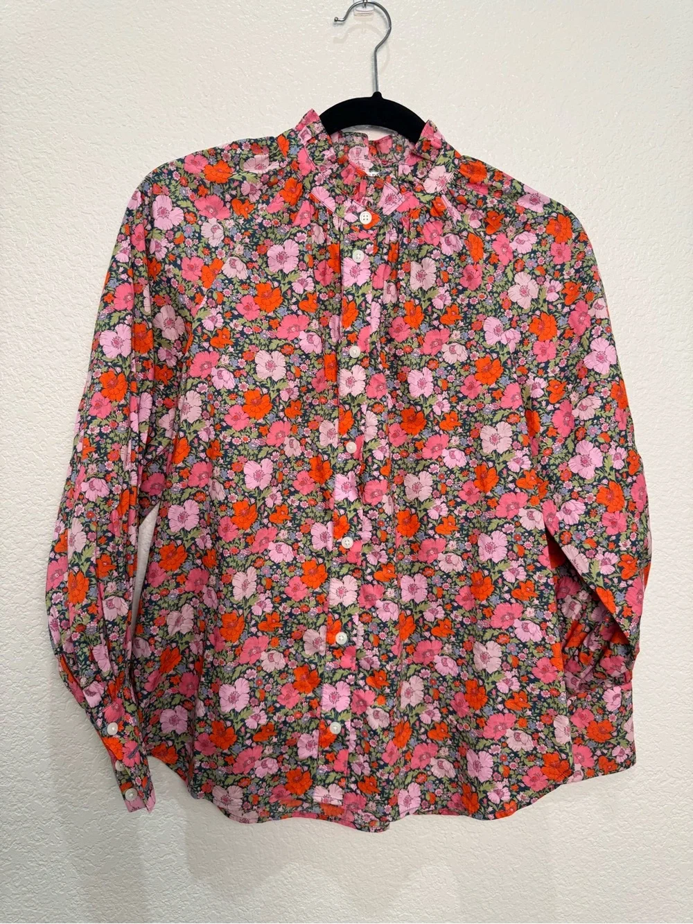 J.Crew Liberty London Floral Shirt Womens 4 Pink Orange Button Up Ruffle Neck
